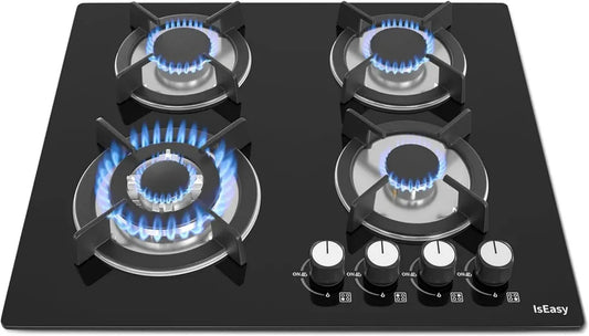 Plaque de Cuisson à Gaz 4 Feux Encastrable 60cm, Compatible Bouteille et Gaz de Ville, Verre Trempé
