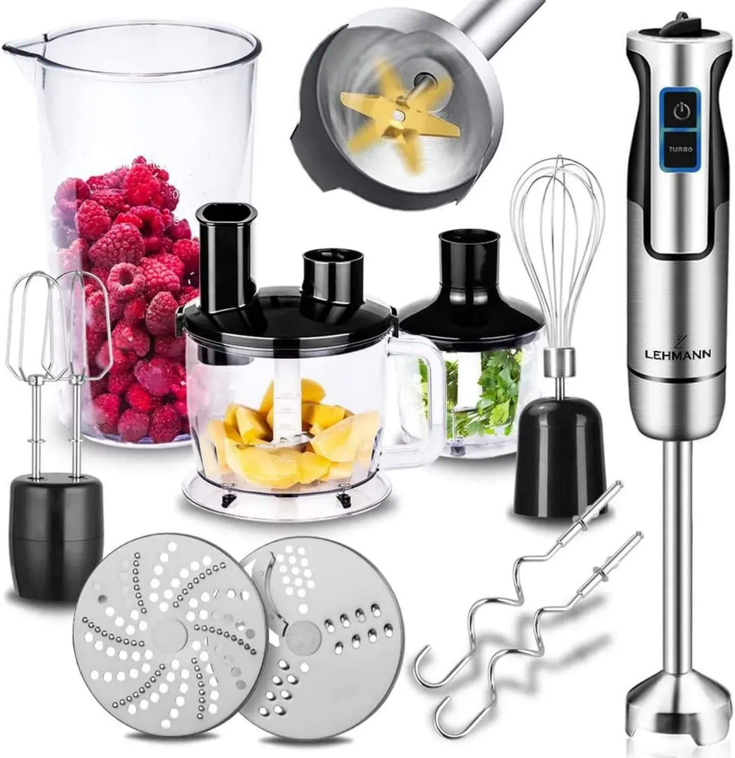 Mixeur Plongeant Léger 1200 W avec 8 Vitesses, Idéal pour Bébés, Soupes et Purées, 9 Accessoires Inclus